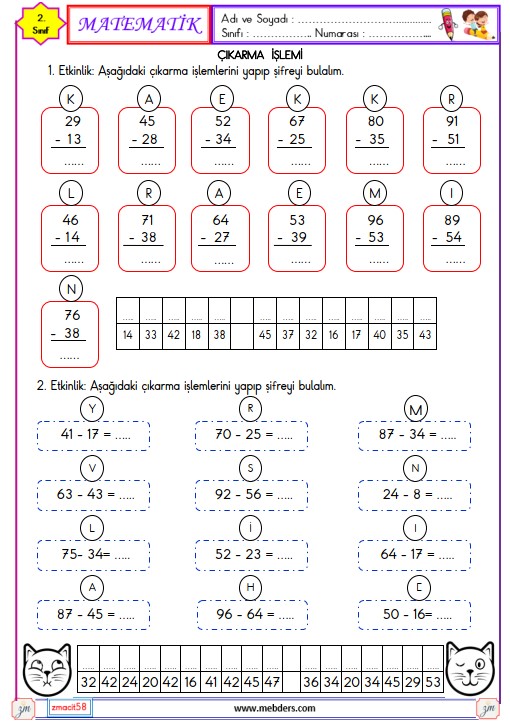 2. Sınıf Matematik Onluk Bozmadan ve Onluk Bozarak Çıkarma İşlemi Etkinliği 1