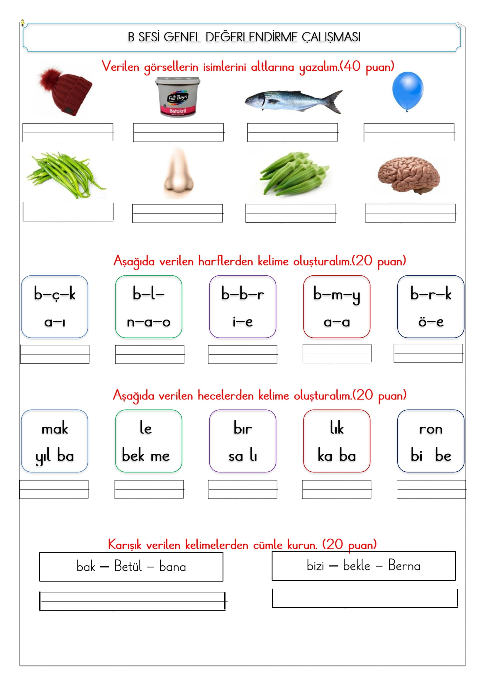 1.Sınıf İlk Okuma Yazma B Sesi Değerlendirme Çalışması 2