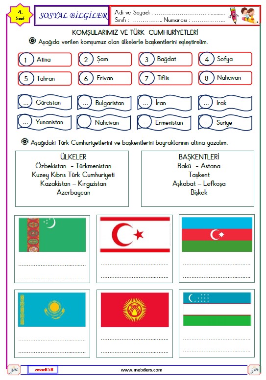 4. Sınıf Sosyal Bilgiler Türk Cumhuriyetleri Etkinliği