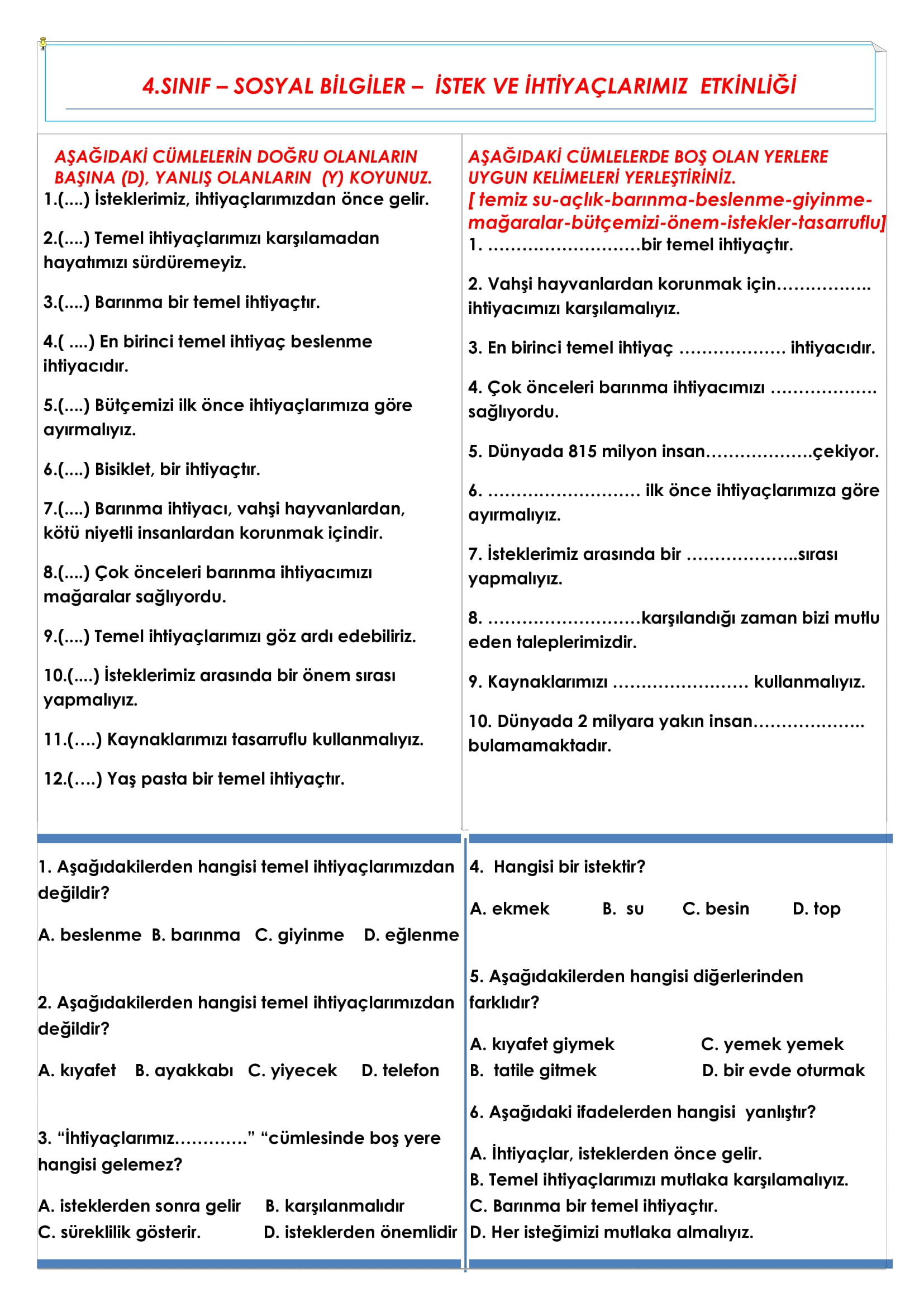 4.Sınıf Sosyal Bilgiler İstek ve İhtiyaçlarımız Etkinliği