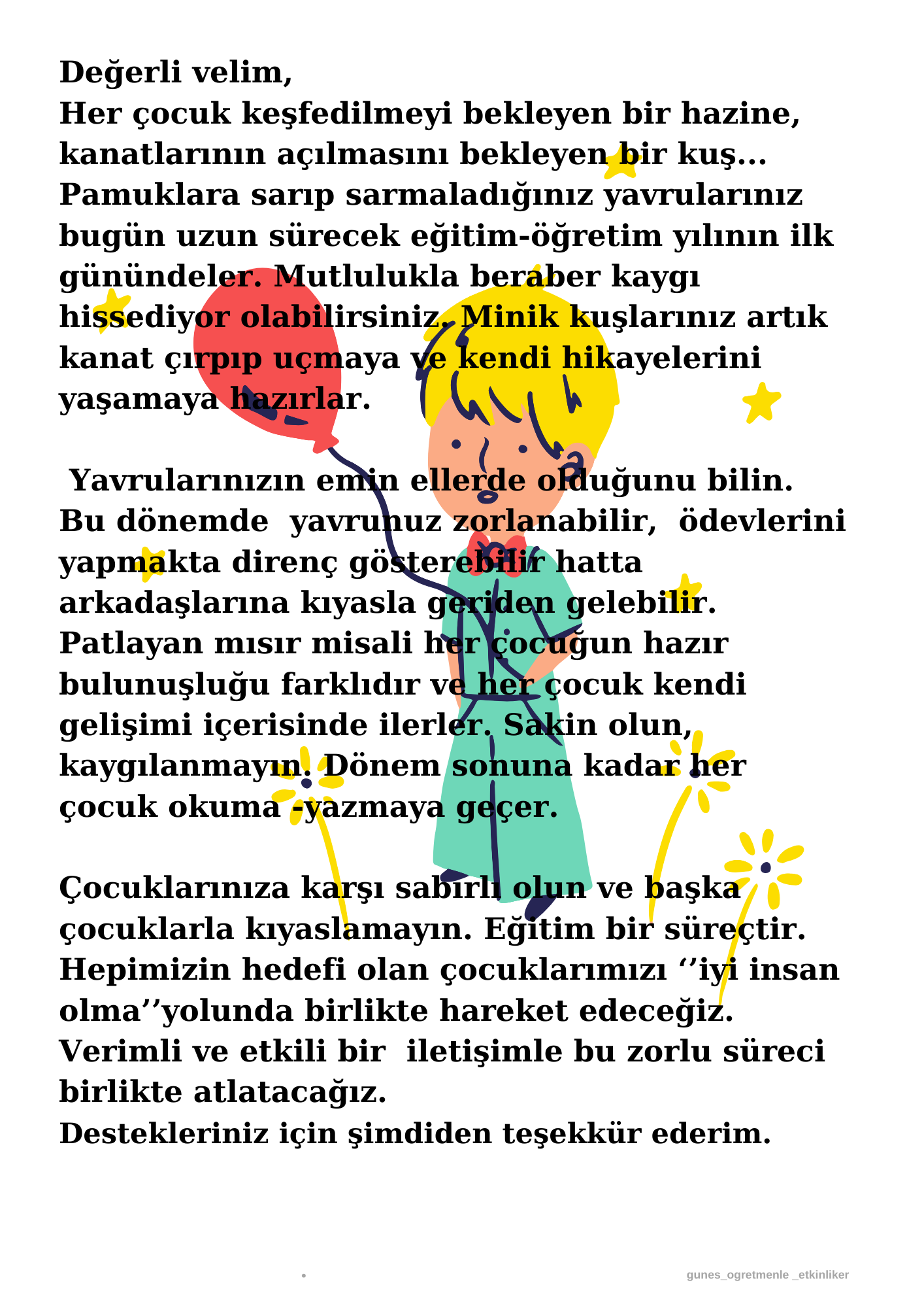 1.Sınıf Veliye Mektup