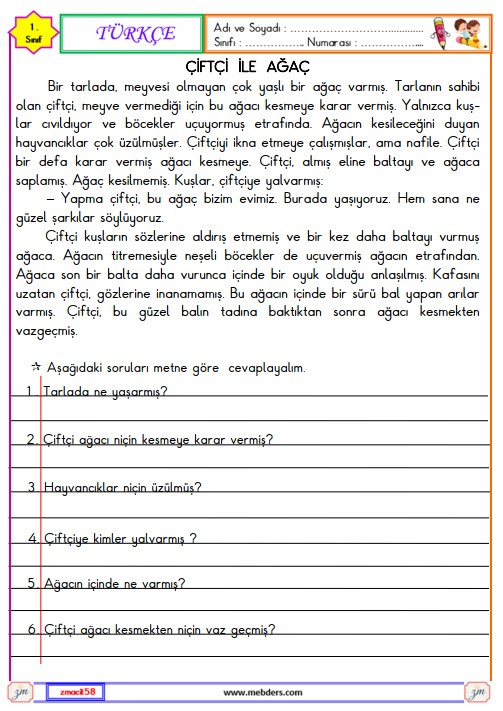 1. Sınıf Türkçe Okuma ve Anlama Metni Etkinliği (Çiftçi ile Ağaç)