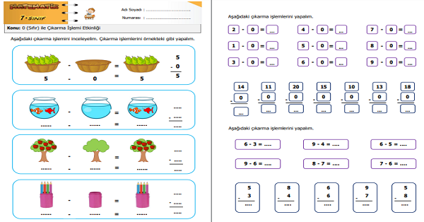 1. Sınıf Matematik 0 (Sıfır) ile Çıkarma İşlemi Etkinliği