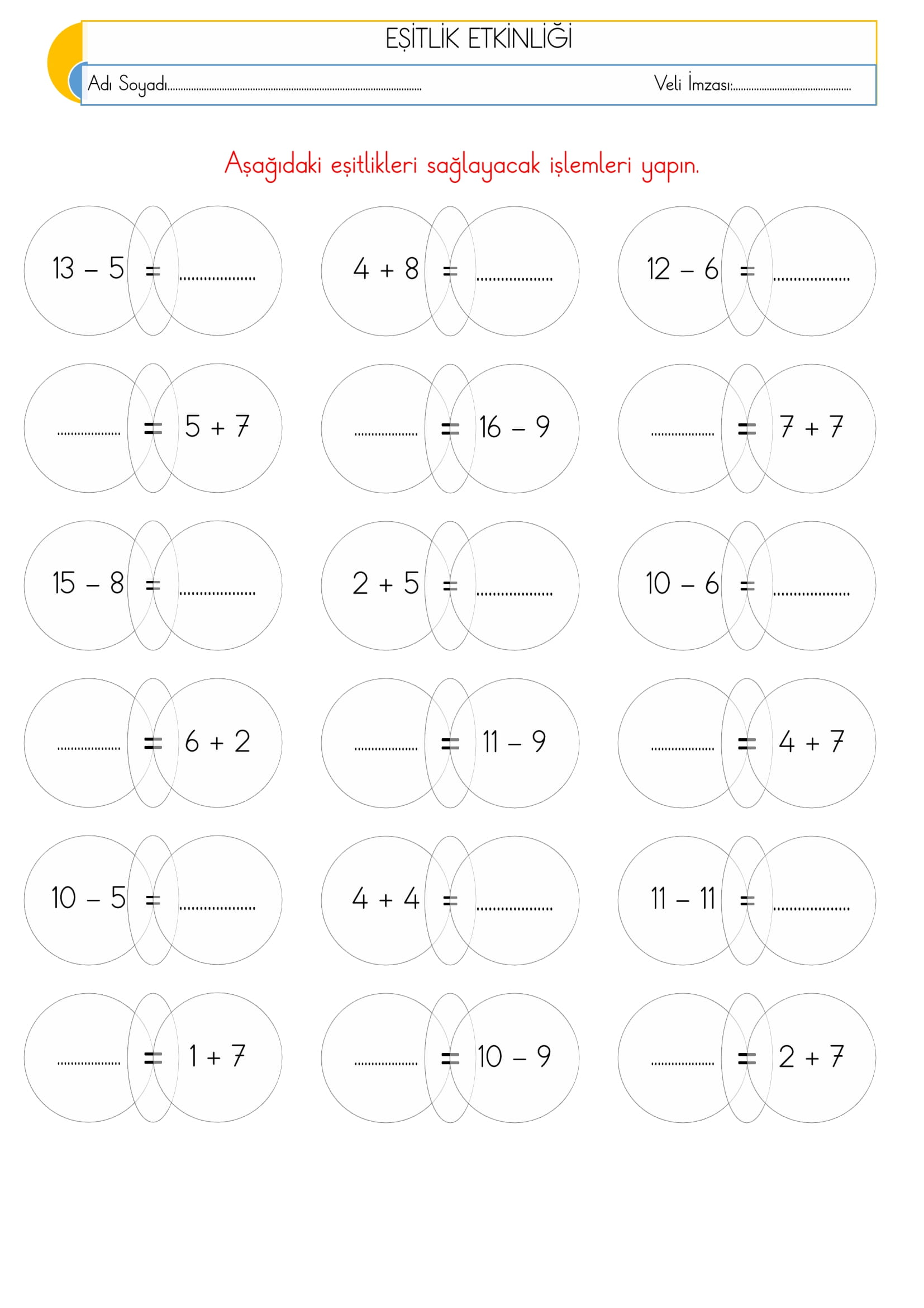 1.Sınıf Matematik Eşitlik Etkinliği