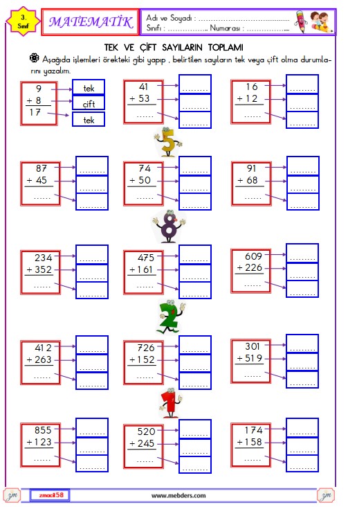 3. Sınıf Matematik Tek ve Çift Sayıların Toplamı Etkinliği