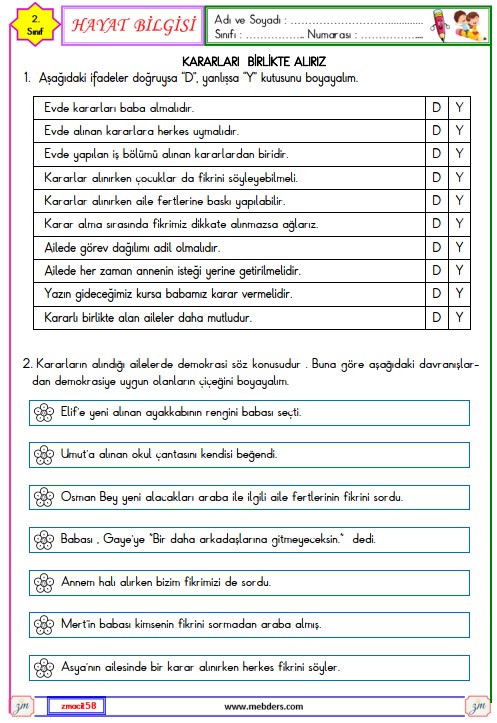 2. Sınıf Hayat Bilgisi Kararları Birlikte Alırız Etkinliği