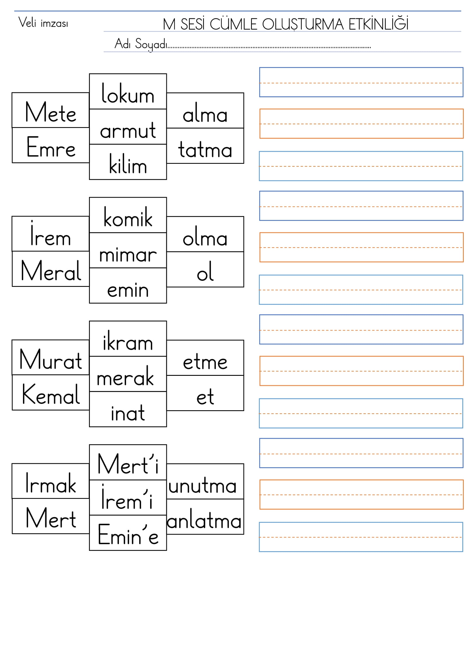 1. Sınıf M Sesi Cümle Oluşturma Etkinliği