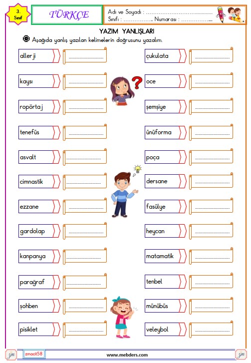 3. Sınıf Türkçe Yazım Yanlışları Etkinliği 2