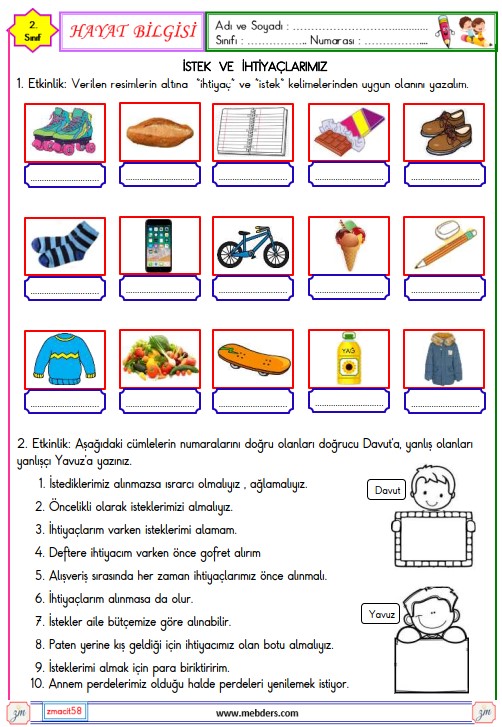 2. Sınıf Hayat Bilgisi İstek ve İhtiyaçlarımız Etkinliği