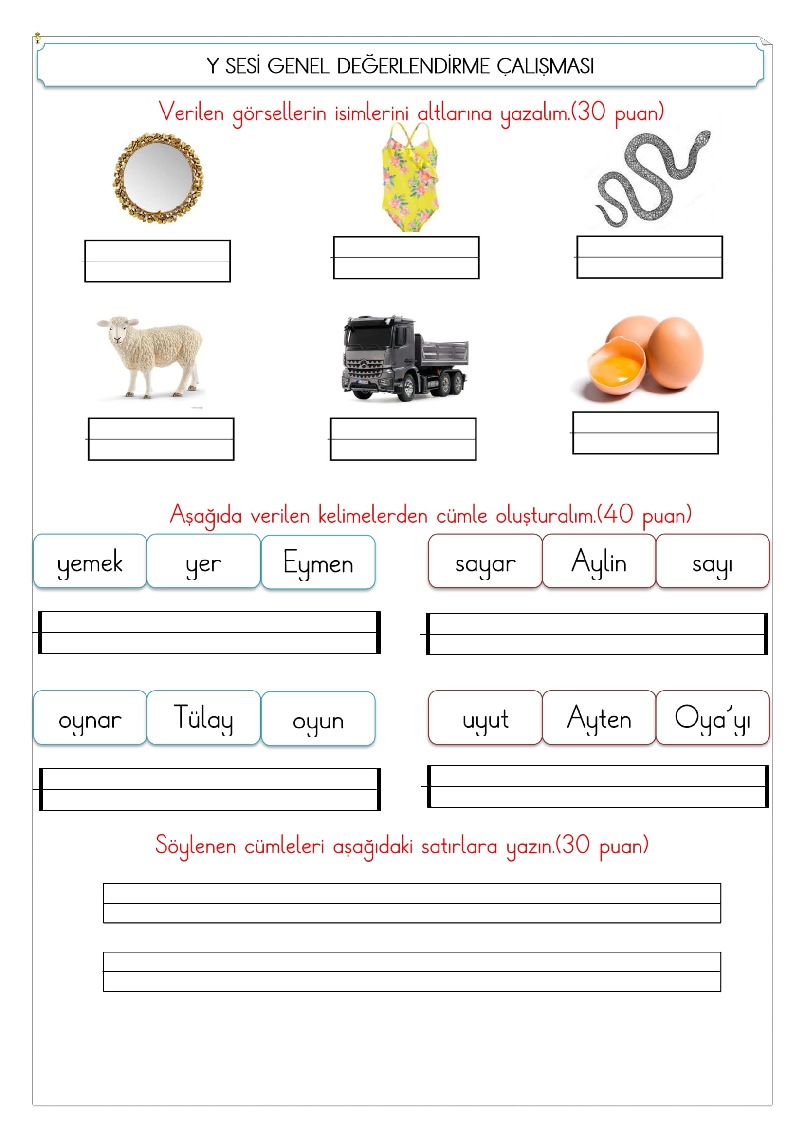 1.Sınıf İlk Okuma Yazma Y Sesi Değerlendirme Çalışması