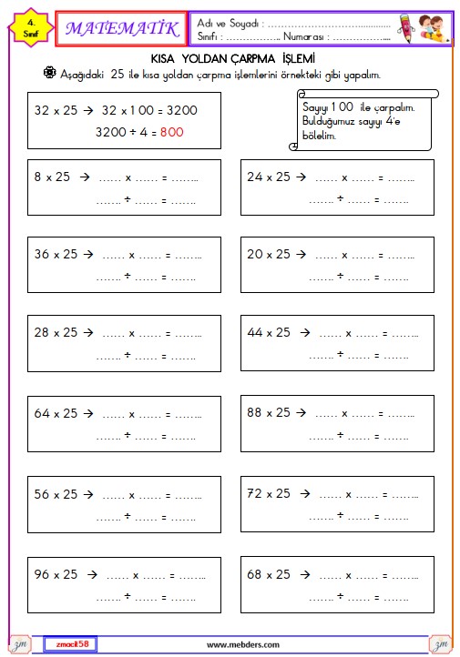 4. Sınıf Matematik Kısa Yoldan (25 İle ) Çarpma İşlemi Etkinliği 7