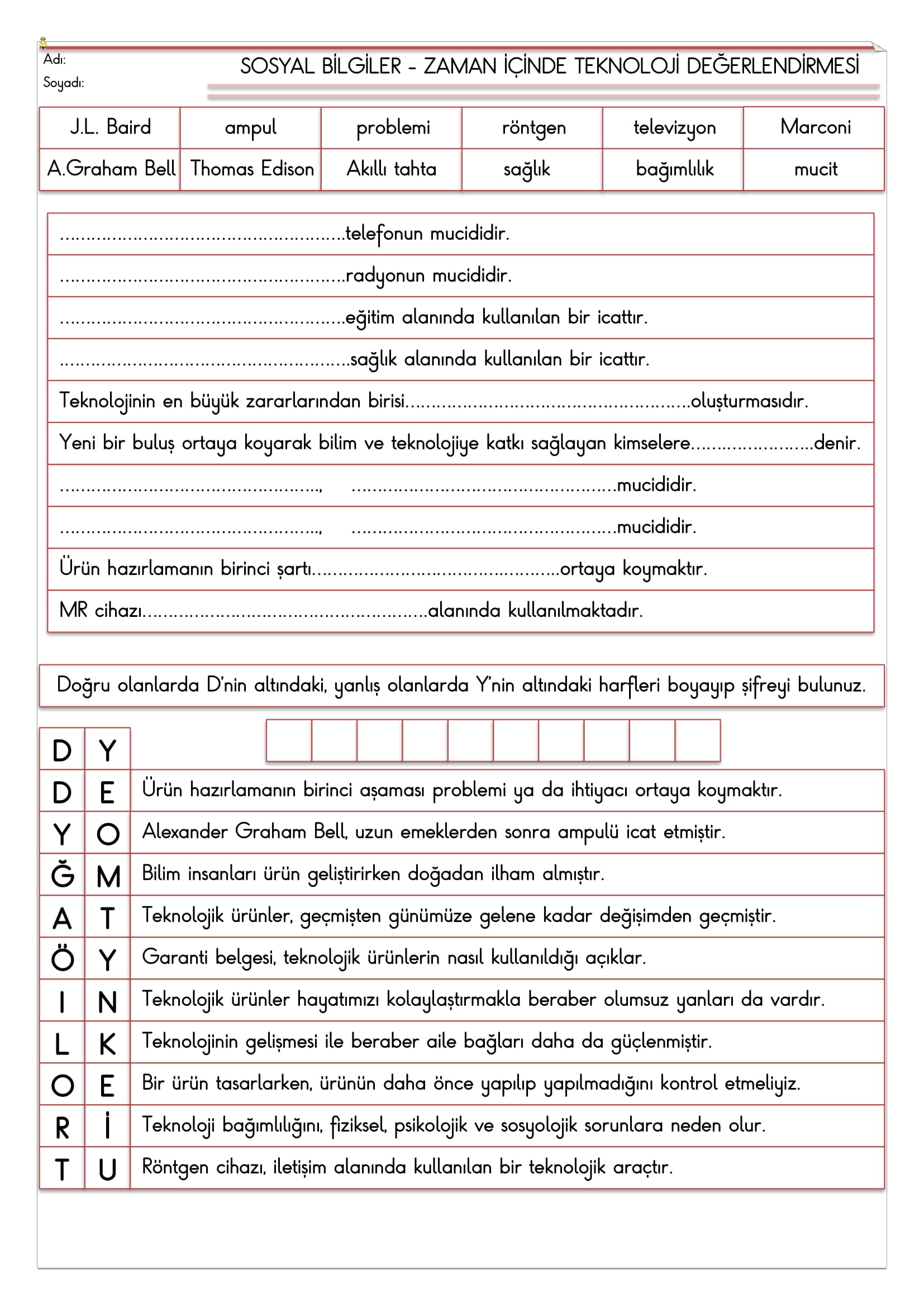 4.Sınıf - Sosyal Bilgiler Zaman İçinde Teknoloji  Değerlendirmesi