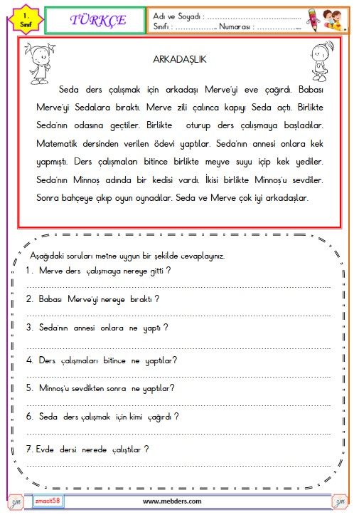 1. Sınıf Türkçe Okuma ve Anlama Metni Etkinliği (Arkadaşlık)