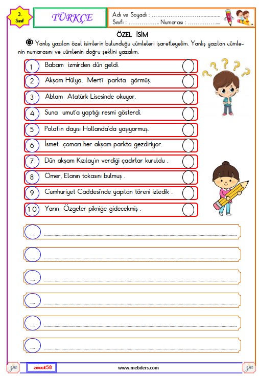 3. Sınıf Türkçe Özel İsim Etkinliği