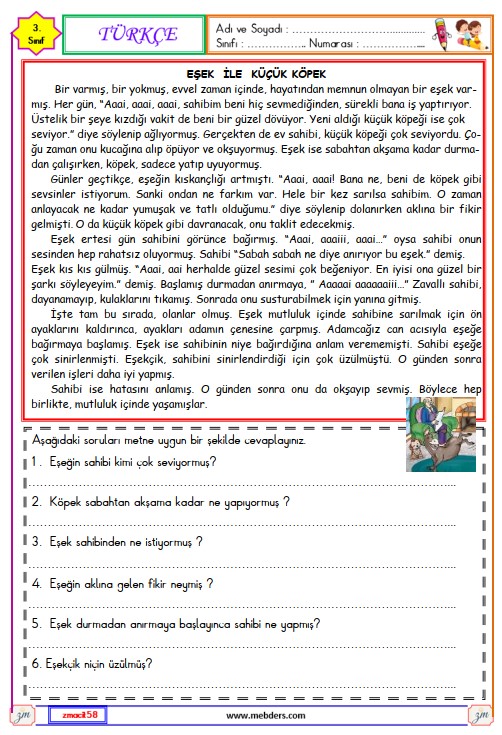 3. Sınıf Türkçe Okuma ve Anlama Metni Etkinliği (Eşek ile Küçük Köpek) 3