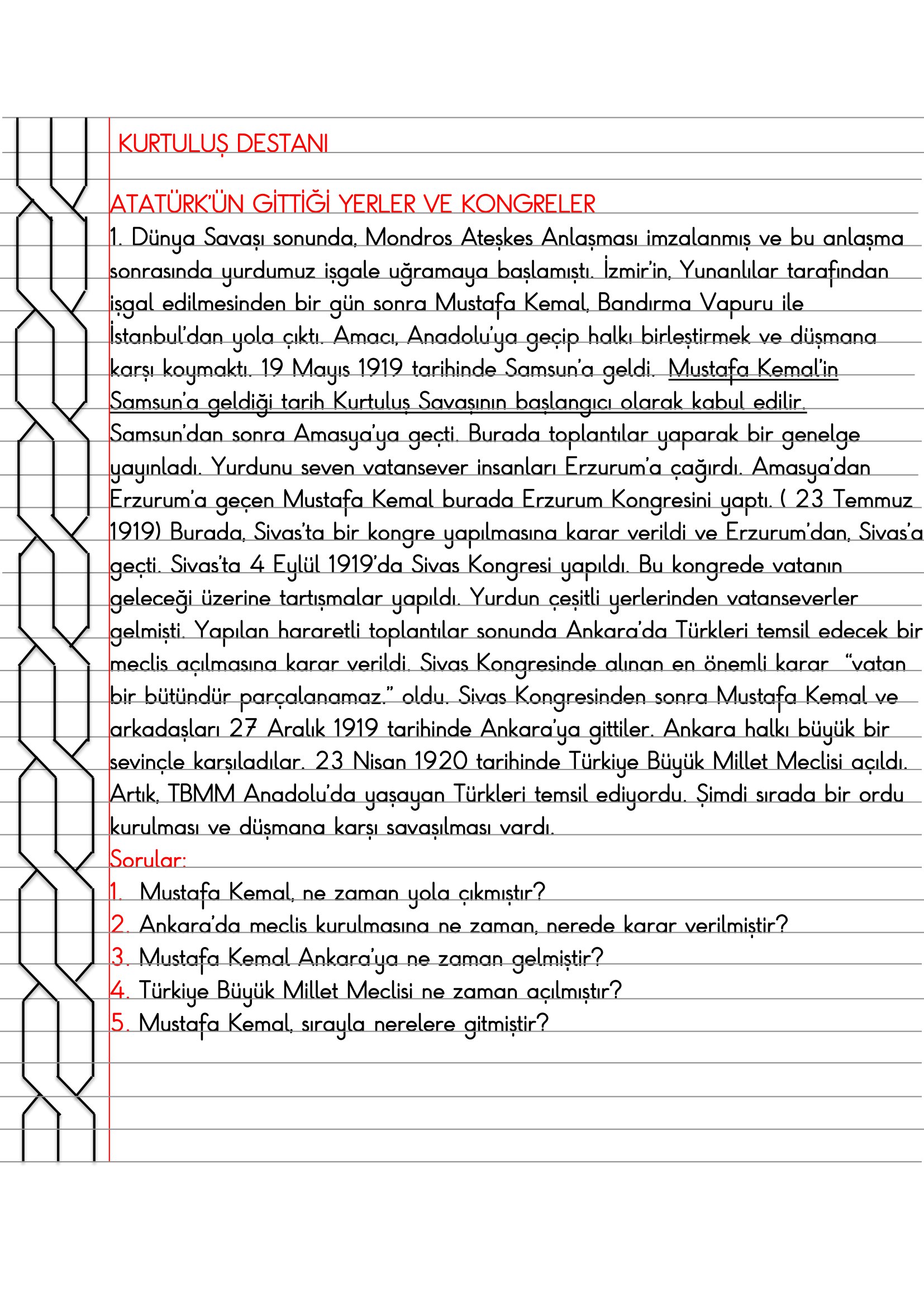 4.Sınıf - Sosyal Bilgiler - Kurtuluş Destanı (Atatürk'ün Gittiği Yerler ve Kongreler) Defter Özeti