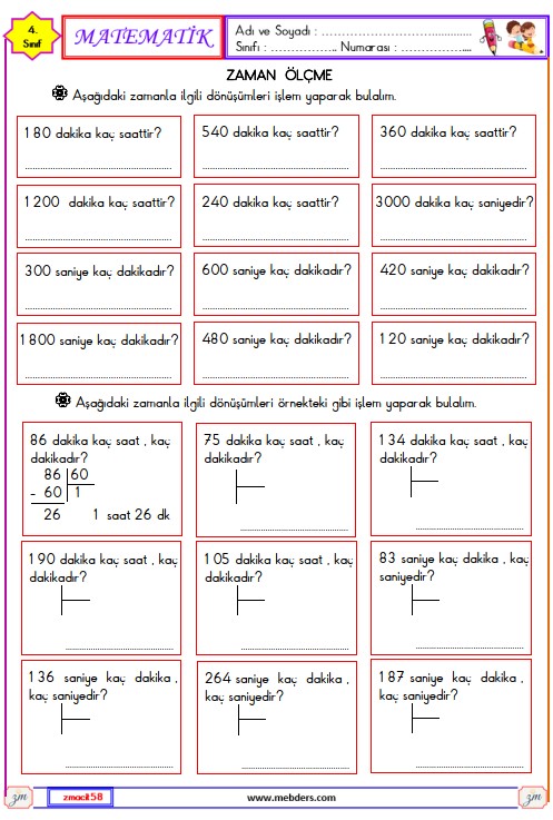 4. Sınıf Matematik Zaman Ölçme Etkinliği 6