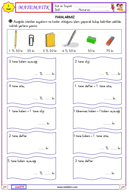 3. Sınıf Matematik Paralarımız Etkinliği 7