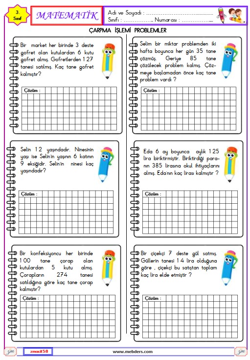 3. Sınıf Matematik Çarpma İşlemi Problemler  Etkinliği 5