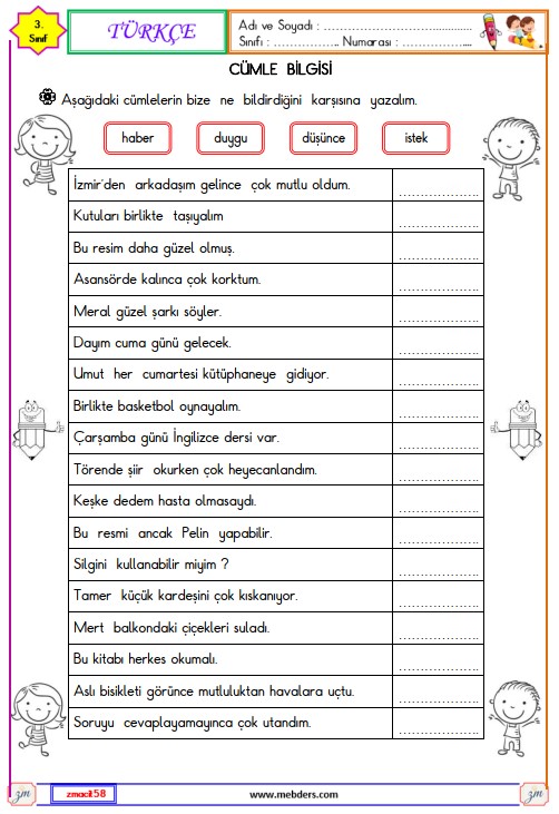 3. Sınıf Türkçe Cümle Bilgisi Etkinliği 5