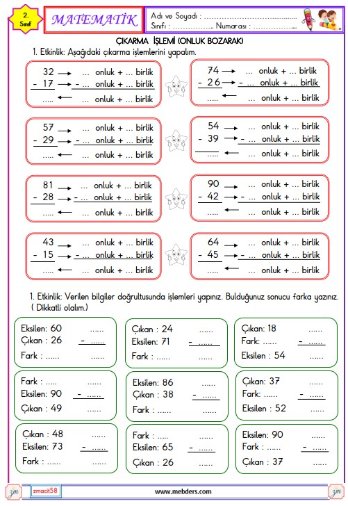 2. Sınıf Matematik Onluk Bozarak Çıkarma İşlemi Etkinliği 3