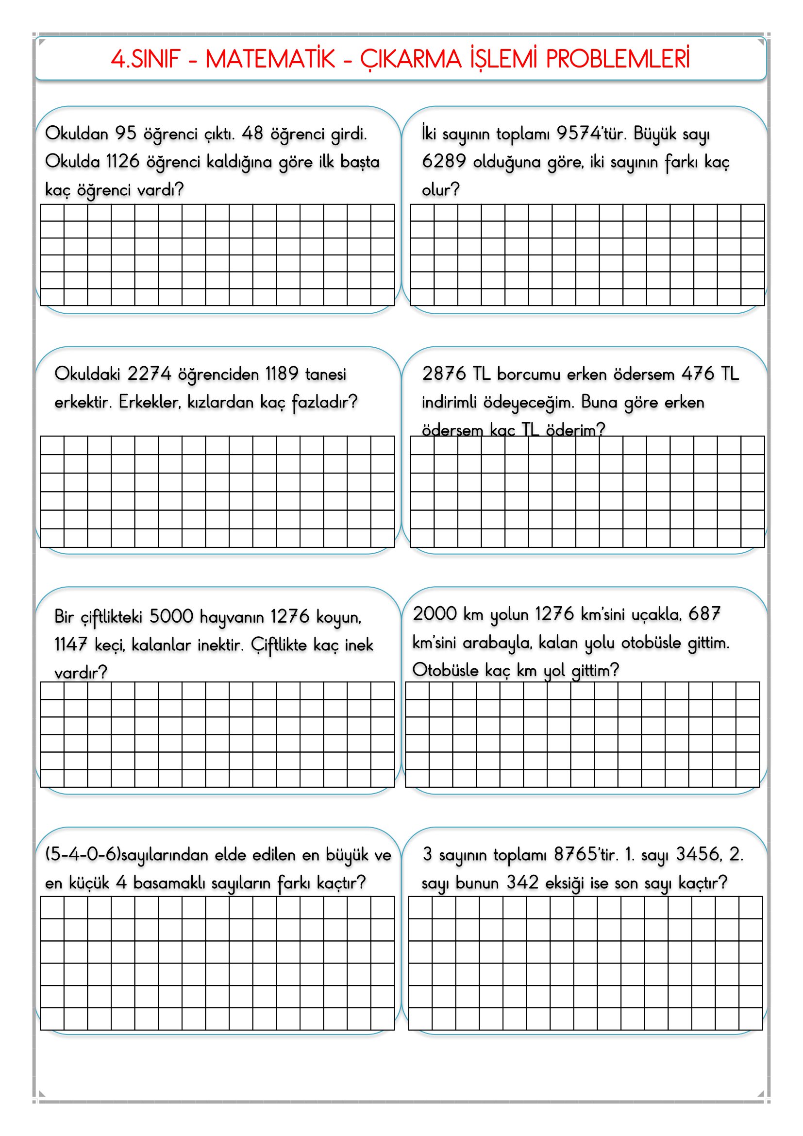 4.Sınıf - Matematik Çıkarma Problemleri-3