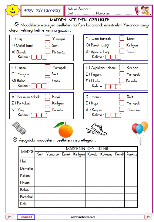 3. Sınıf Fen Bilimleri Maddeyi Niteleyen Özellikler Etkinliği 3