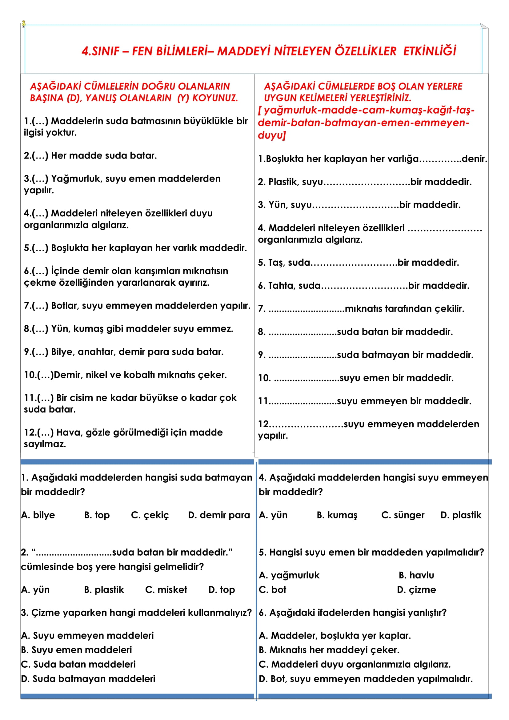 4.Sınıf Fen Bilimleri Maddeyi Niteleyen Özellikler Etkinliği