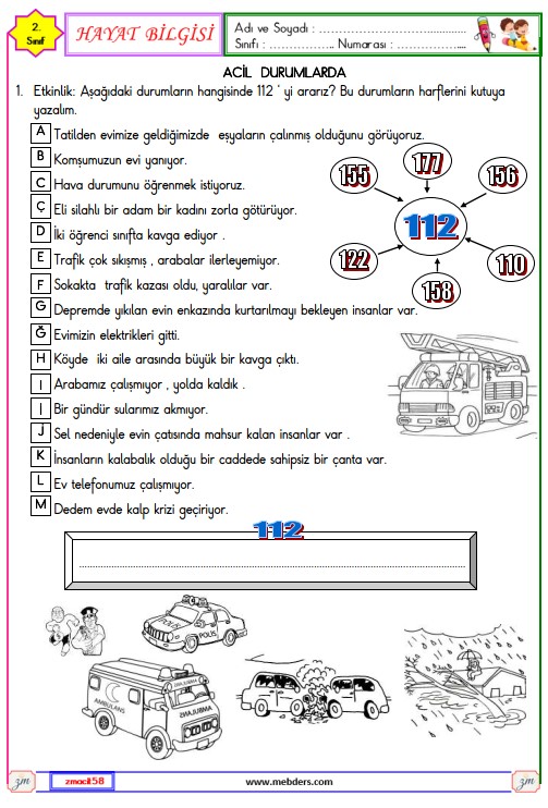 2. Sınıf Hayat Bilgisi Acil Durumlarda Etkinliği 3