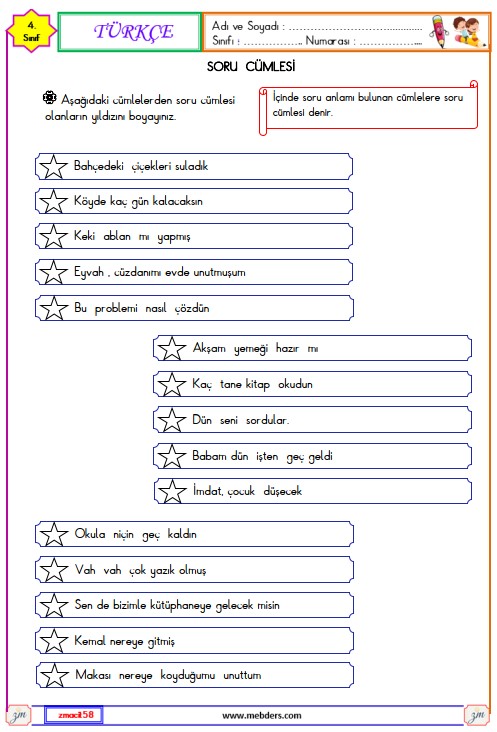 4. Sınıf Türkçe Soru Cümlesi Etkinliği 5