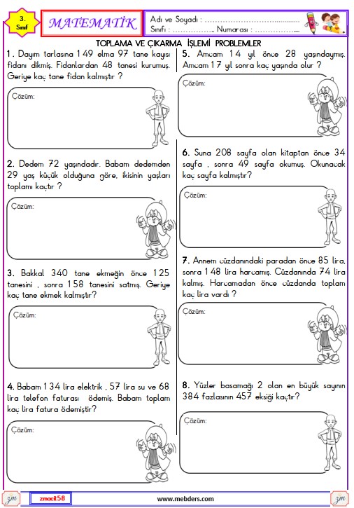 3. Sınıf Matematik Toplama ve Çıkarma İşlemi Problemleri Etkinliği 1