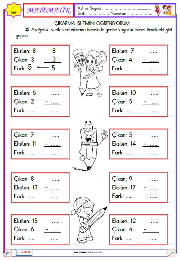 1. Sınıf Matematik Çıkarma İşlemi Etkinliği 13