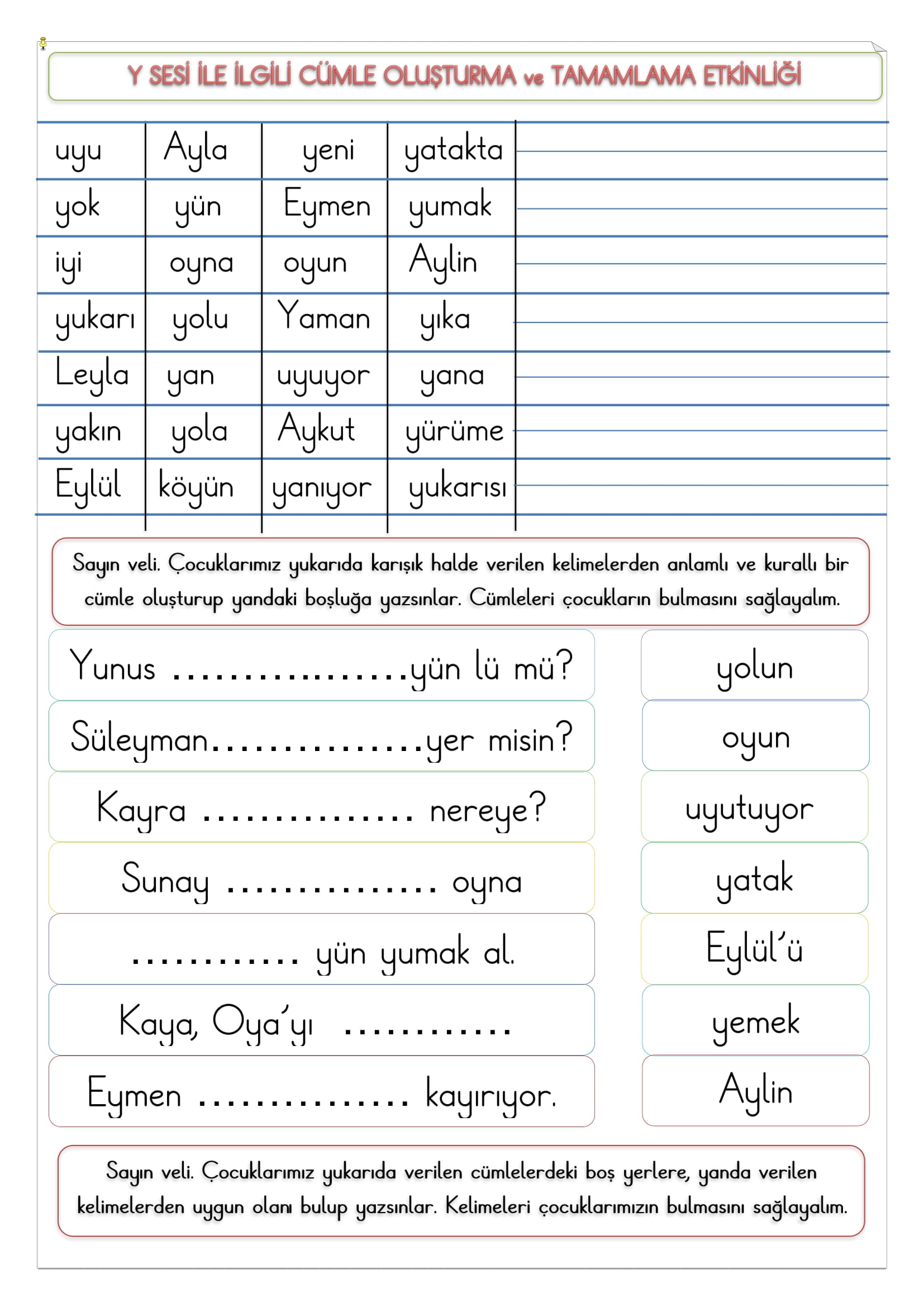 1.Sınıf Y Sesi Cümle Oluşturma ve Tamamlama Etkinliği