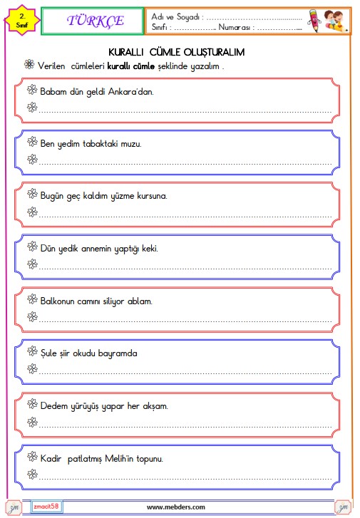 2. Sınıf Türkçe Kurallı Cümle Oluşturma Etkinliği 2