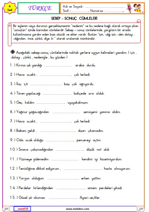 4. Sınıf Türkçe Sebep Sonuç Cümleleri Etkinliği 5