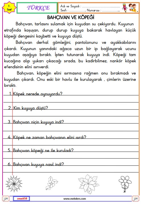1. Sınıf Türkçe Okuma ve Anlama Metni Etkinliği (Bahçıvan ve Köpeği)