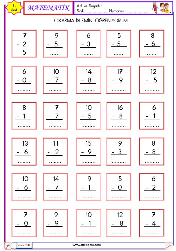 1. Sınıf Matematik Çıkarma İşlemi Etkinliği 12