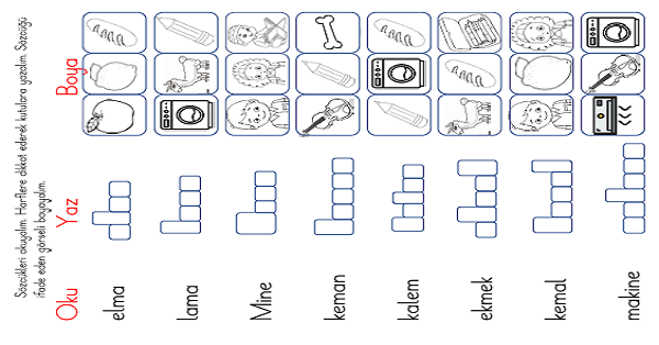 1. Sınıf İlk Okuma Yazma ( M-m Sesi ) Oku-Yaz-Boya Etkinliği