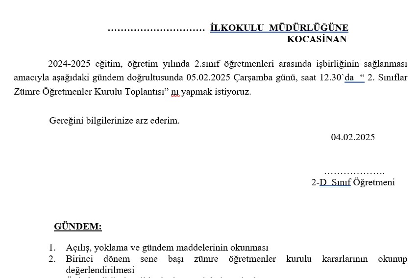 2. Sınıf 2. Dönem Başı Zümre Öğretmenler Kurulu Toplantısı