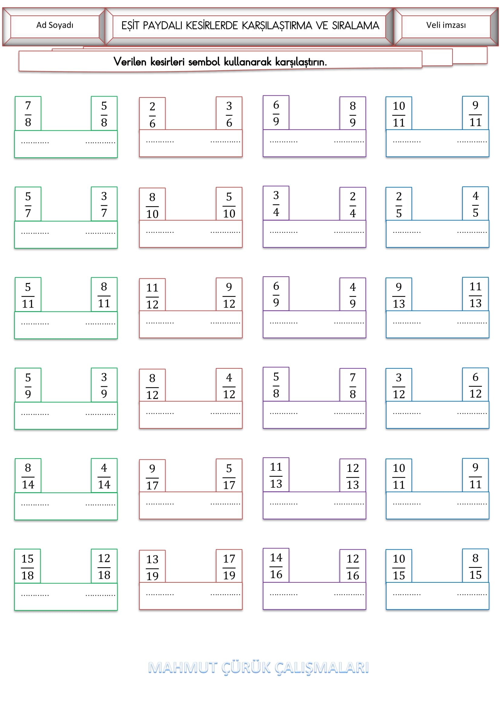 4.Sınıf - Matematik Eşit Paydalı Kesirleri Karşılaştırma ve Sıralama Etkinliği