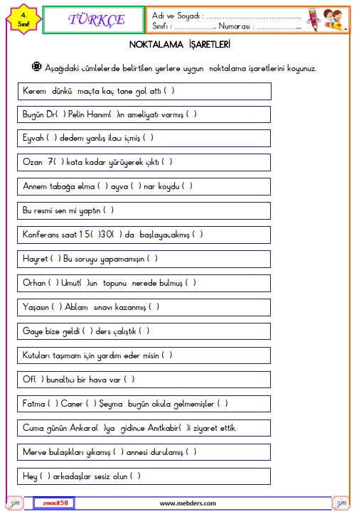 4. Sınıf Türkçe Noktalama İşaretleri Etkinliği 5