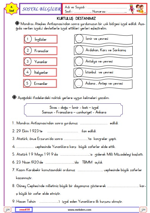 4. Sınıf Sosyal Bilgiler Kurtuluş Destanımız Etkinliği 2