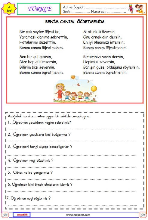 3. Sınıf Türkçe Okuma ve Anlama Metni Etkinliği (Benim Canım Öğretmenim)