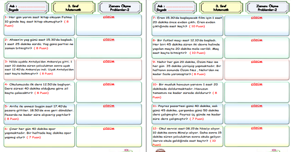 3.Sınıf Matematik Zamanı Ölçme Problemleri-2