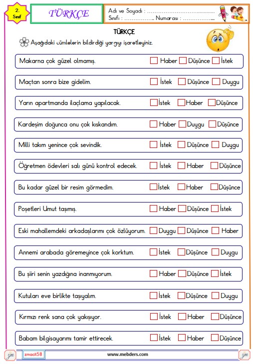 2. Sınıf Türkçe Duygu, Düşünce, Haber ve İstek Cümleleri Etkinliği 2