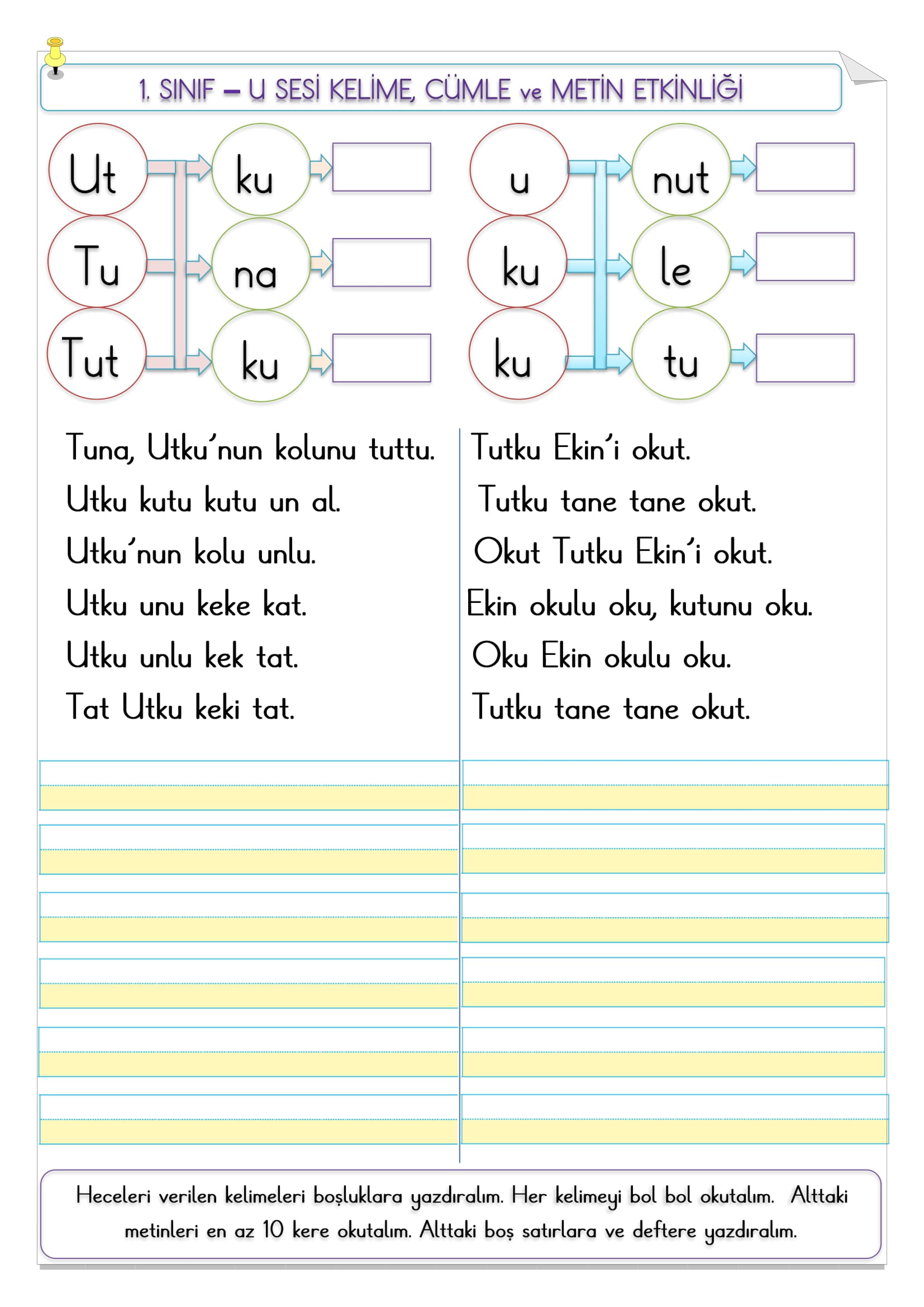 1.Sınıf  U sesi kelime, cümle ve metin etkinliği