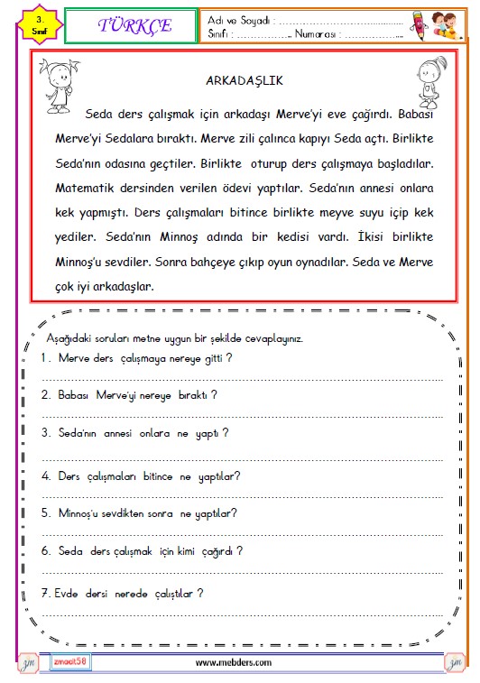 3. Sınıf Türkçe Okuma ve Anlama Metni Etkinliği (Arkadaşlık)