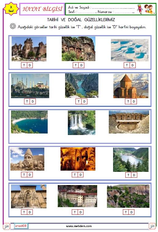 3. Sınıf Hayat Bilgisi Tarihi ve Doğal Güzelliklerimiz Etkinliği 3