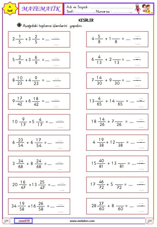 4. Sınıf Matematik Kesirler Etkinliği 19