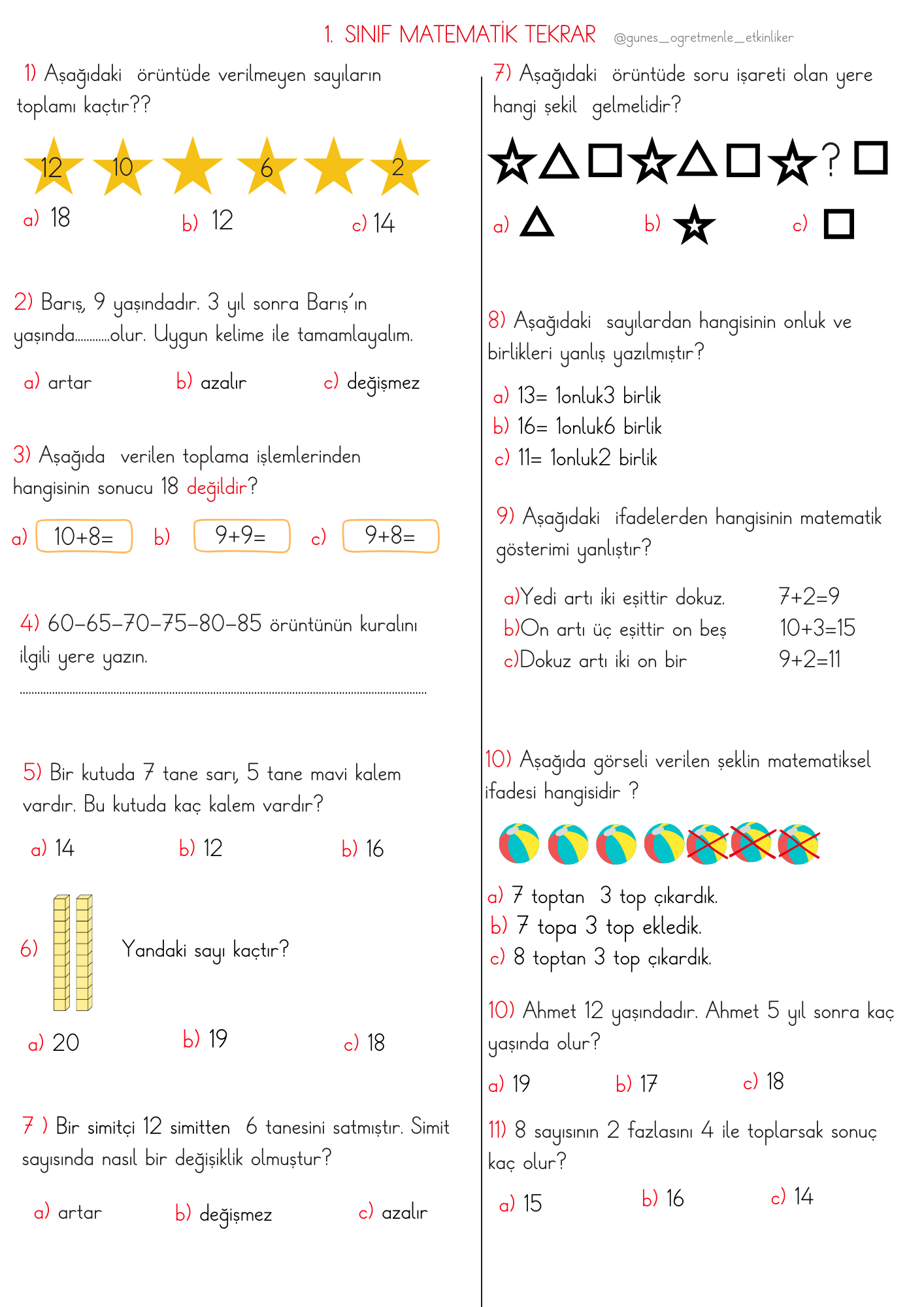 1.Sınıf Matematik Tekrar Test